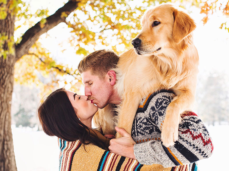 A couple kissing with their dog on the man's back.