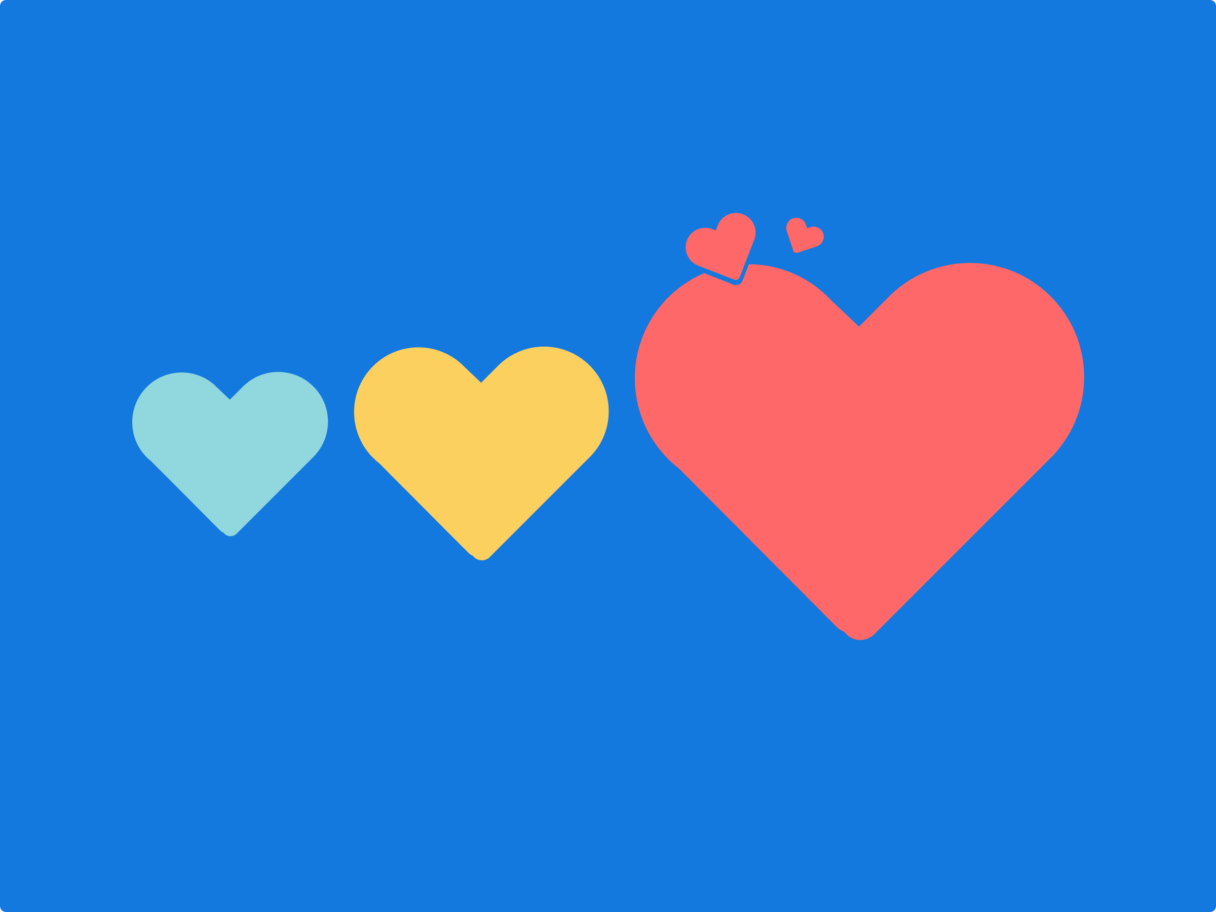 Illustration with blue background and 3 different colored love hearts.